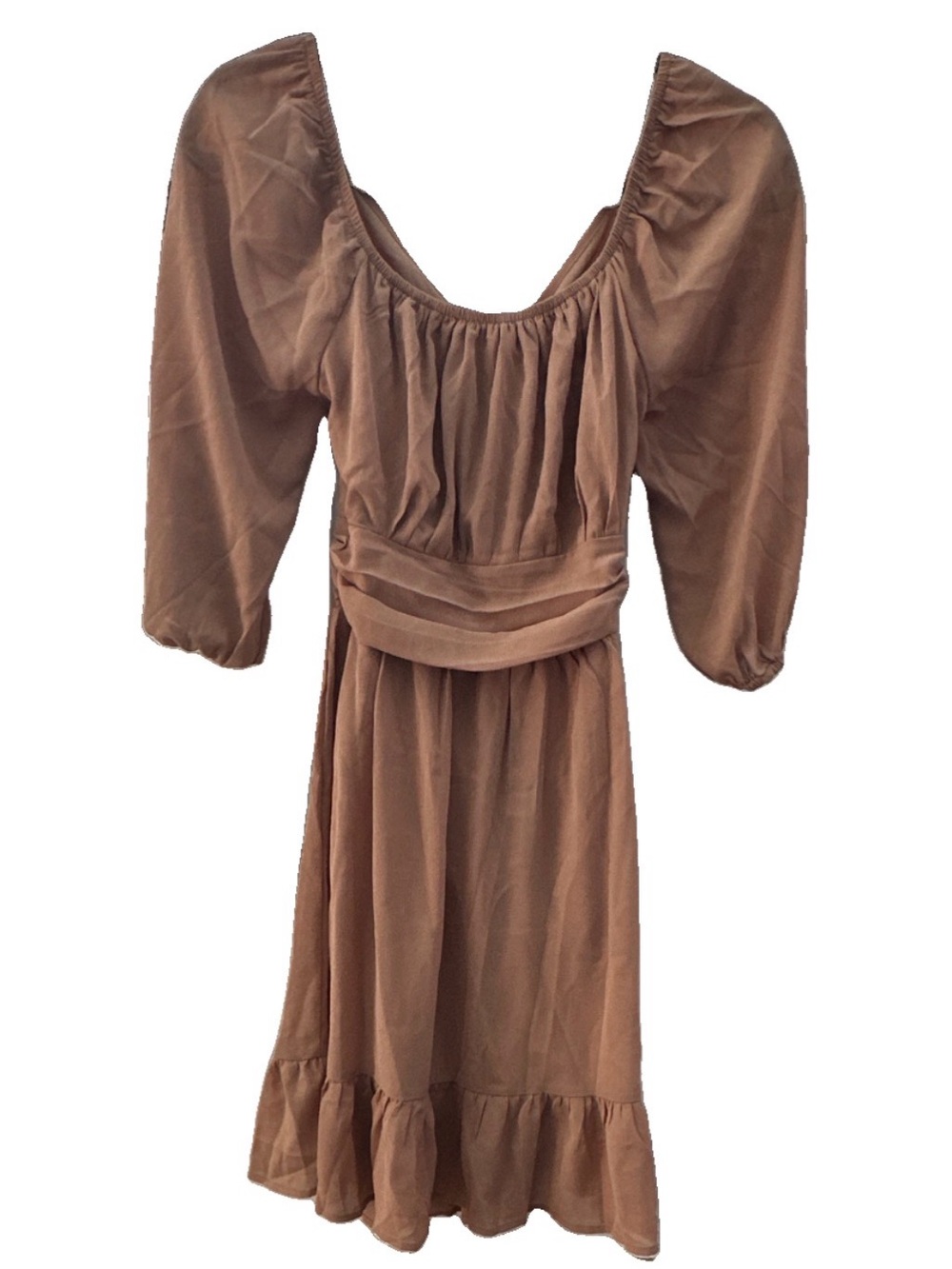 Dodoko Khaki Brown Puff Sleeve A-Line Midi Dress